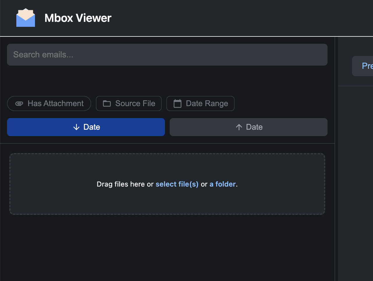 A screenshot of the Mbox Viewer application showing the drag and drop area for files.