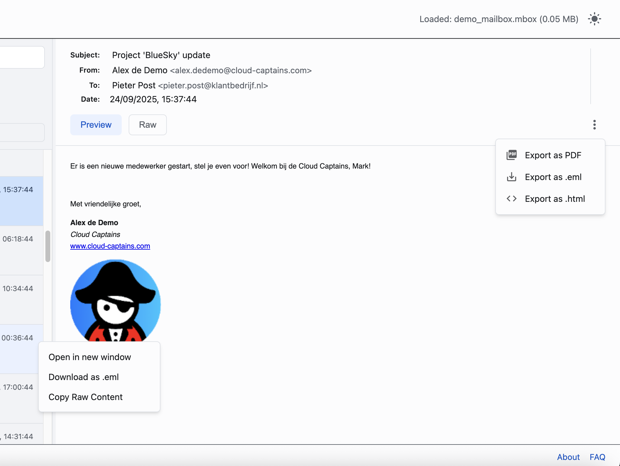 A screenshot of an opened email within the Mbox Viewer, showing the content and attachment options.