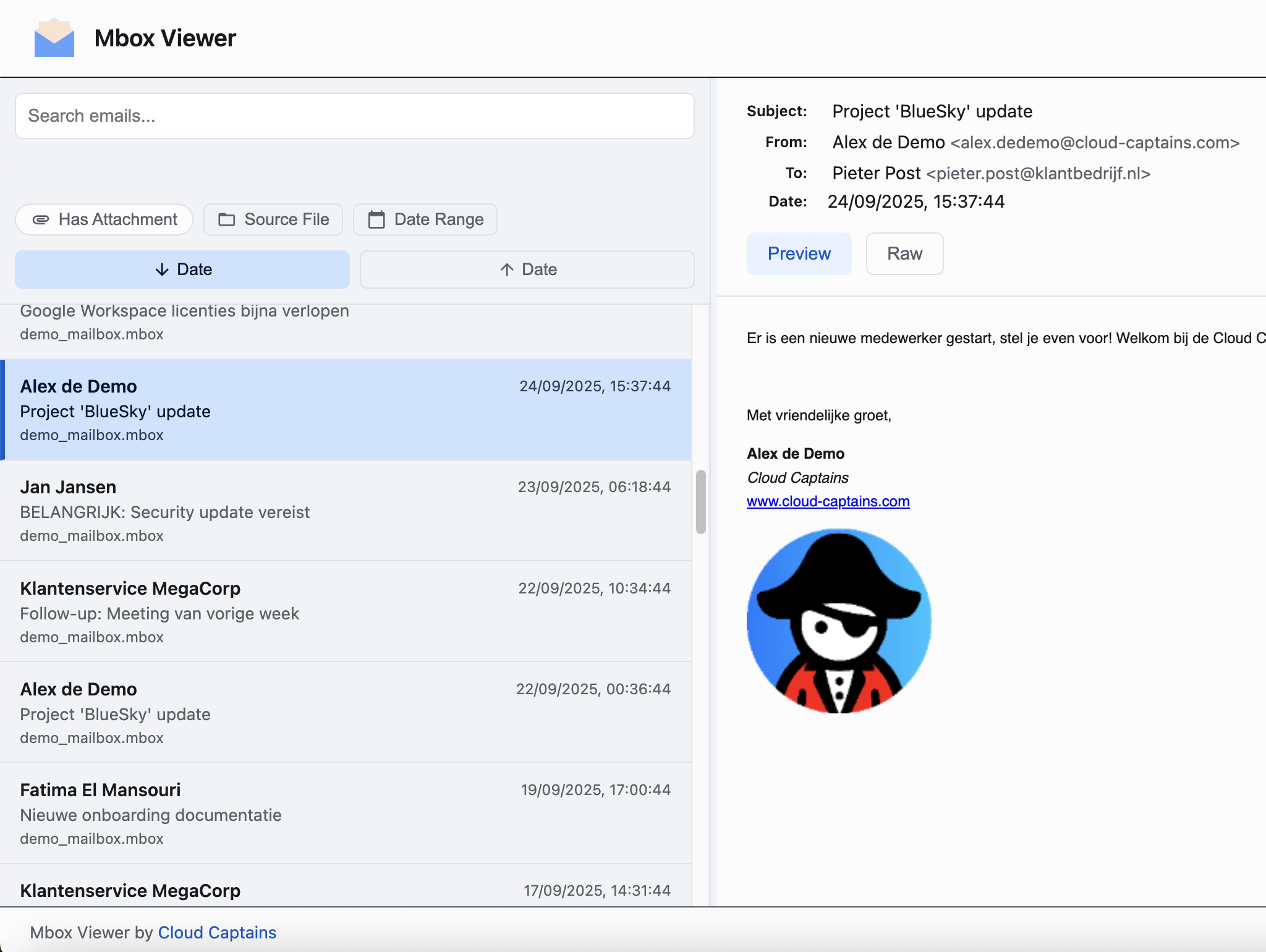 A screenshot showing the main interface of Mbox Viewer with a list of emails.
